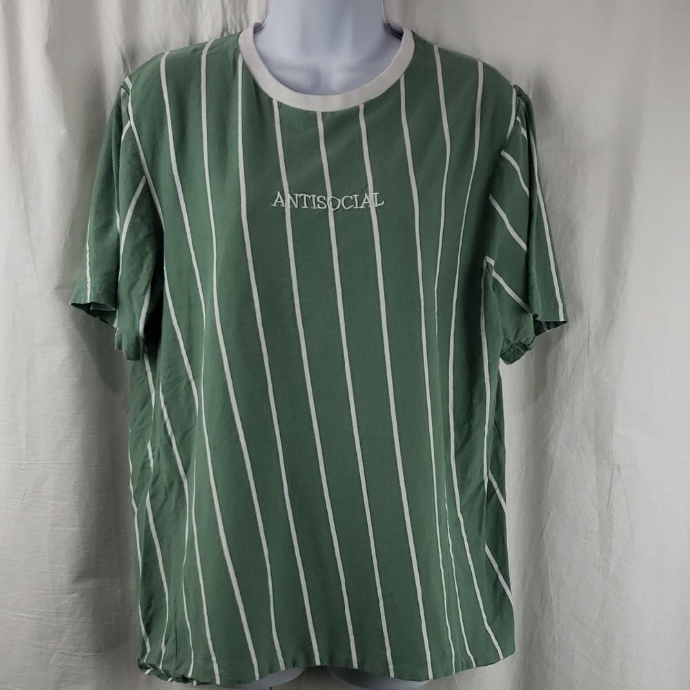 Eighty Eight Men's Large Antisocial Green and White Striped Tee